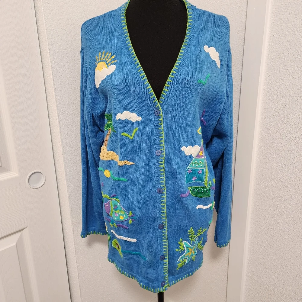 Vintage Quacker Factory Blue Tropical Seashort Cardigan Sweater - Picture 1 of 9